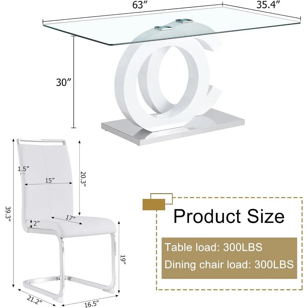 Glass Table Set for 6 ,7 Piece Set, Tempered Glass Top,  PU Leather,  Chairs ,Easy Assembly