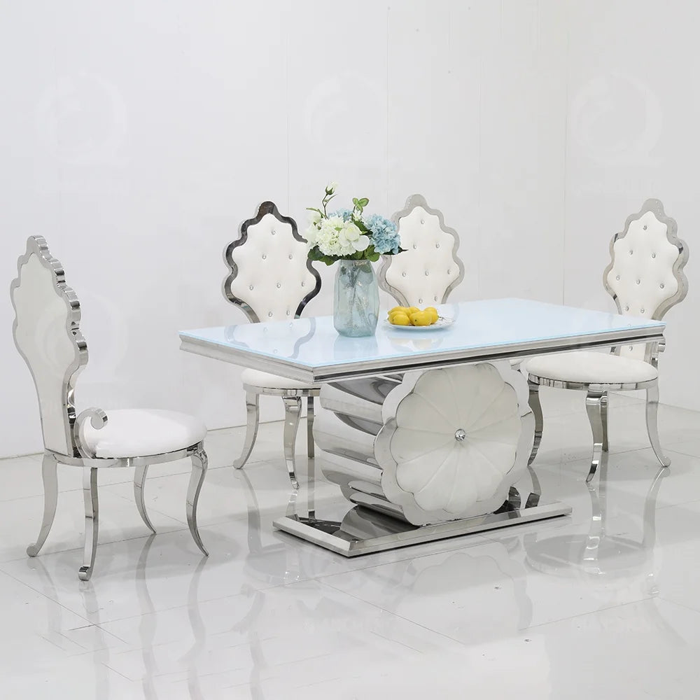 Modern flower stainless steel table set with 8 chairs white gloss glass