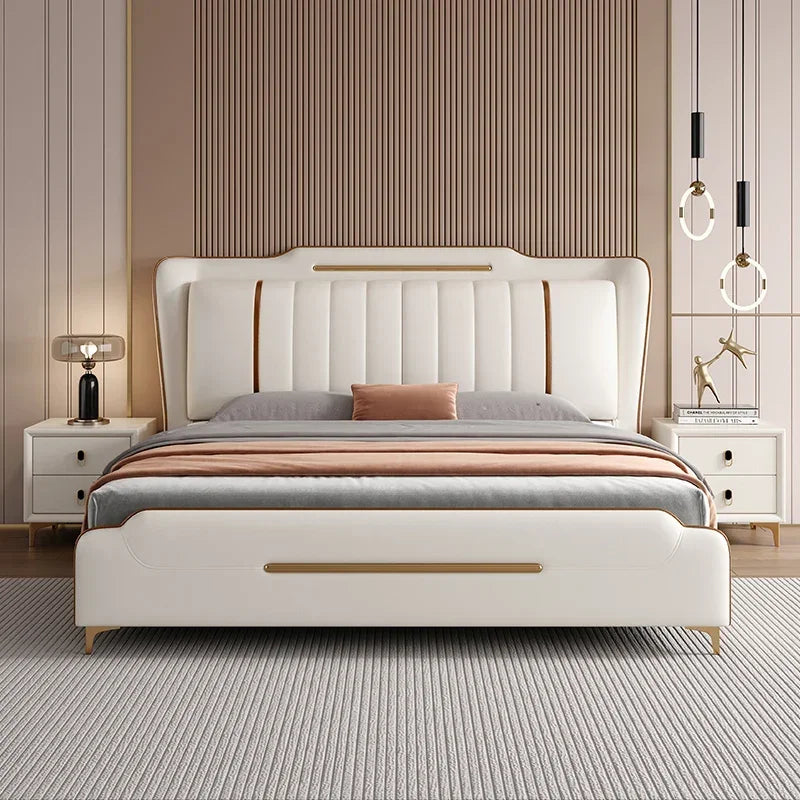 Princess Double Bed  Frame Waterproof Beige  Double Bed Headboards Luxury Platform