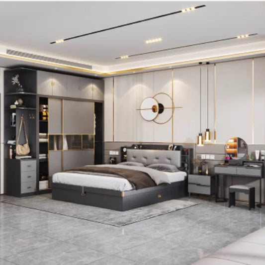 Minimalist Double Bedroom Set  elegant Black  Modern Full  Set Design Dresser Storage