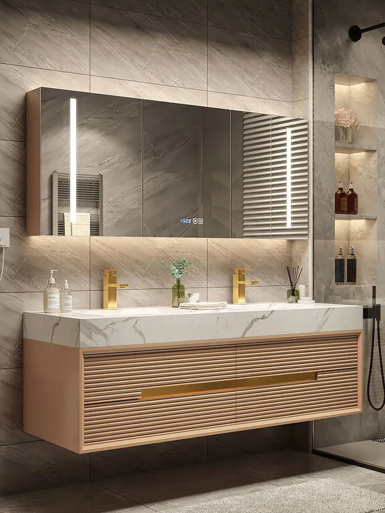 Light Luxury  Combination Suit Oak Milk Tea Color Cabinet Rock Plate Washstand Modern Toilet Wash Basin