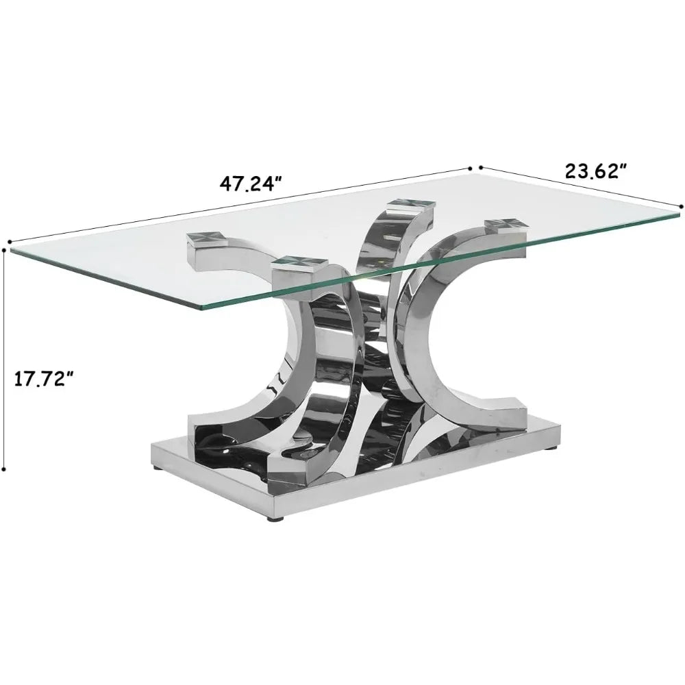 Glass Coffee Table with Gold 4C Stainless Steel Metal Leg, 47" Rectangular Clear Tempered Glass Center
