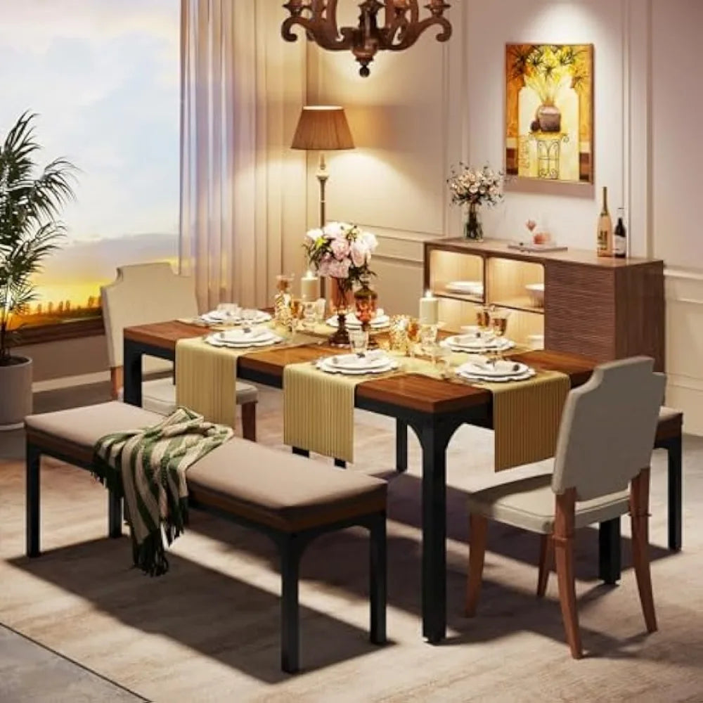 Large Wooden Rectangular Table  Set for  6, 2 benches