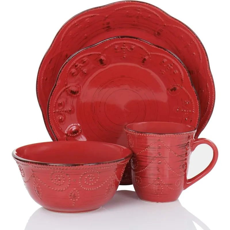 Rustic Birch 16 Piece Stoneware Set in Purple, with Brown Accents