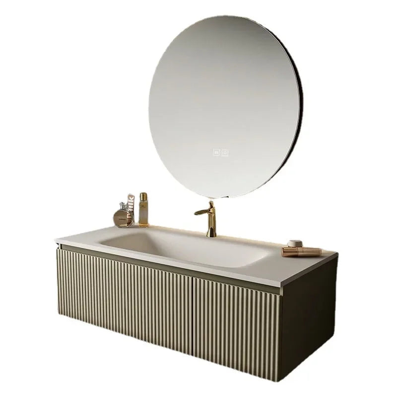 Light Luxury Oak  Cabinet LED Smart Mirror Slate Integrated  Vanity Sink