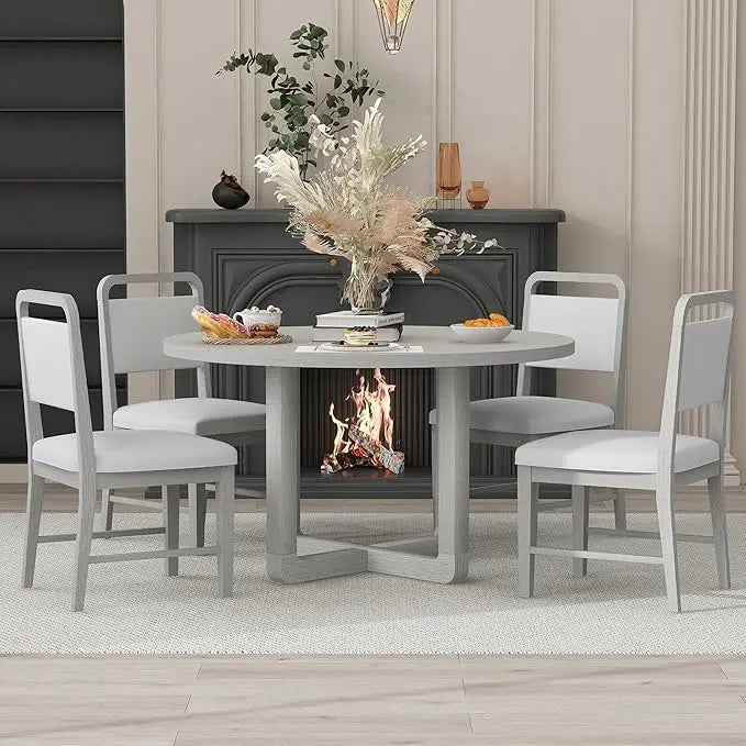 Radial Wood Grain Design, 5 piece table set for 4, round table and 4 upholstered chairs
