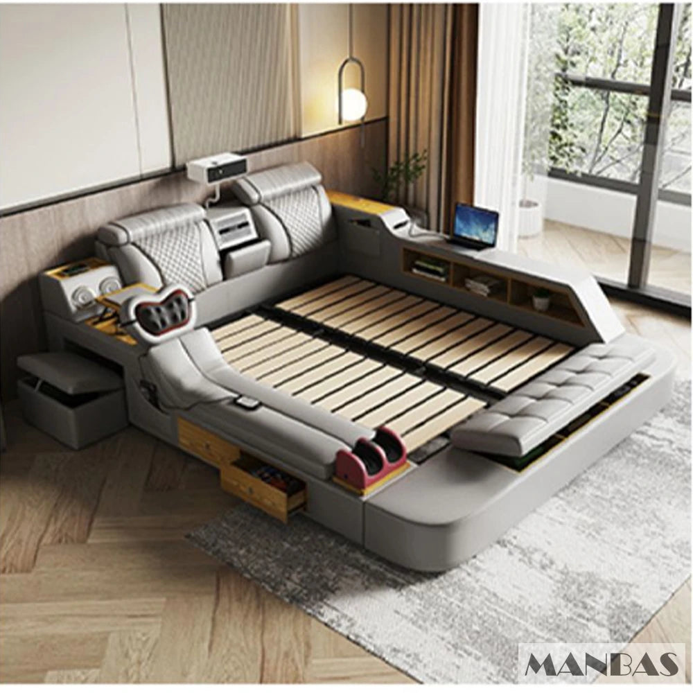 Tech Smart Ultimate Multifunctional Bed Frame with Genuine Leather, Massage, Speaker, Projector, Air Purifier