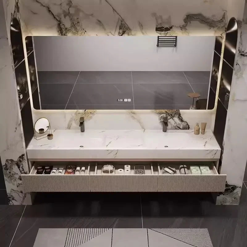 French Light Luxury Rock Slab Seamless Double Basin Cabinet Combination Solid Wood Washbasin Cabinet