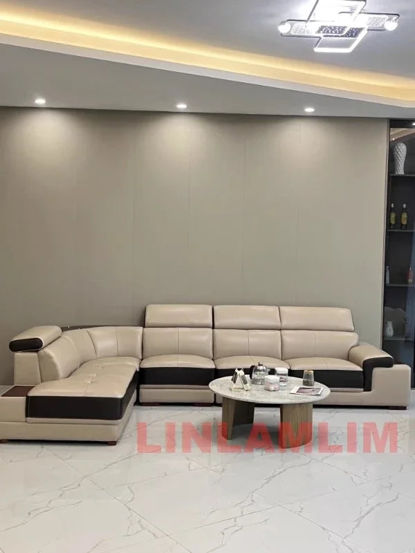 MINGDIBAO Modern Minimalist Genuine  Italian Leather Sectional Sofa with Console, Storage and Speaker