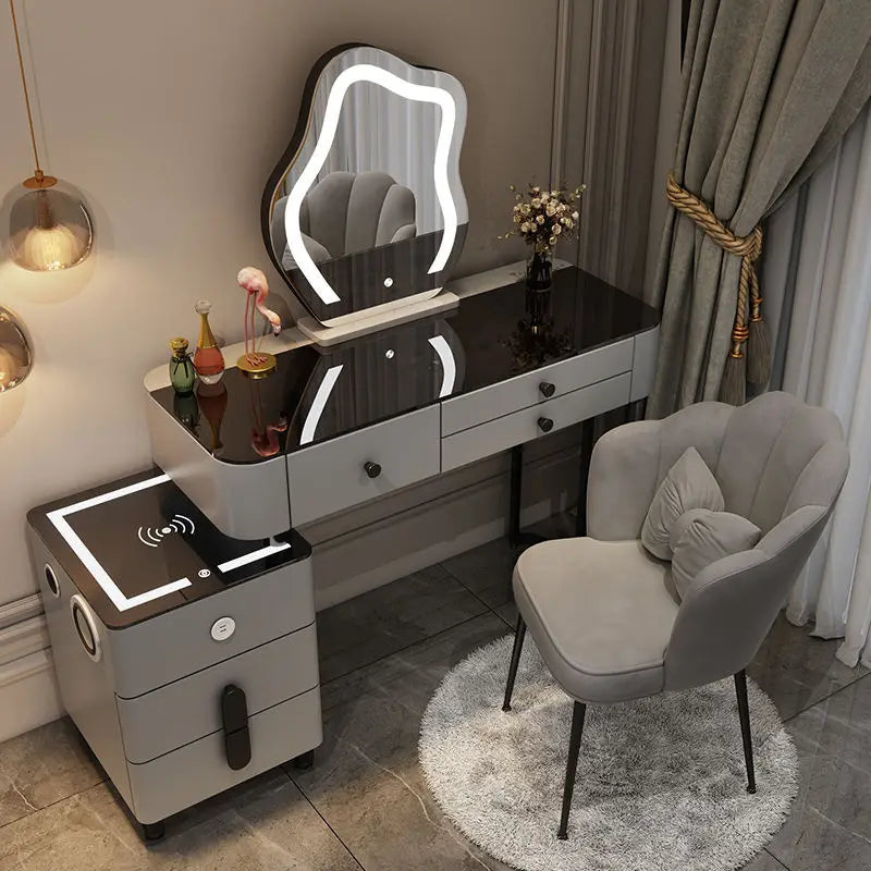 Nordic Vanity Glass Luxury table with charging wireless, nightstand with cloud mirror