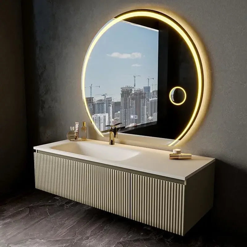 Light Luxury Oak  Cabinet LED Smart Mirror Slate Integrated  Vanity Sink