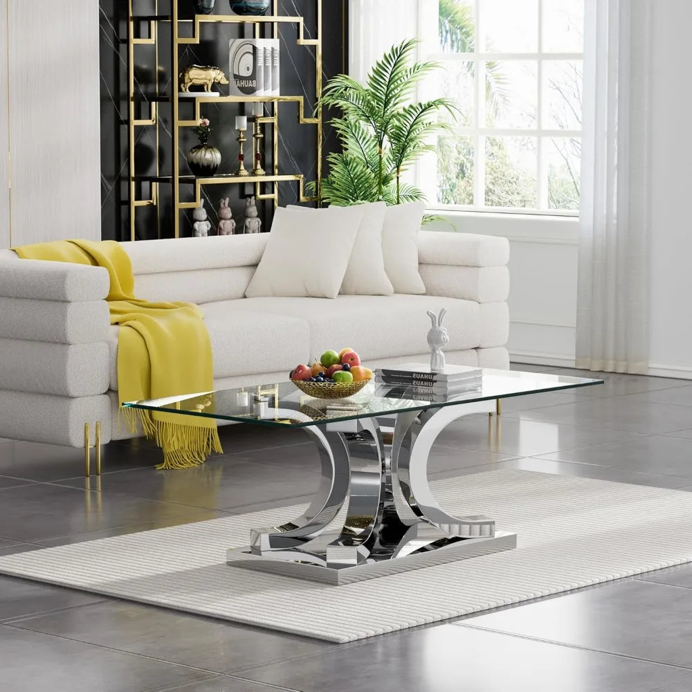 Glass Coffee Table with Gold 4C Stainless Steel Metal Leg, 47" Rectangular Clear Tempered Glass Center