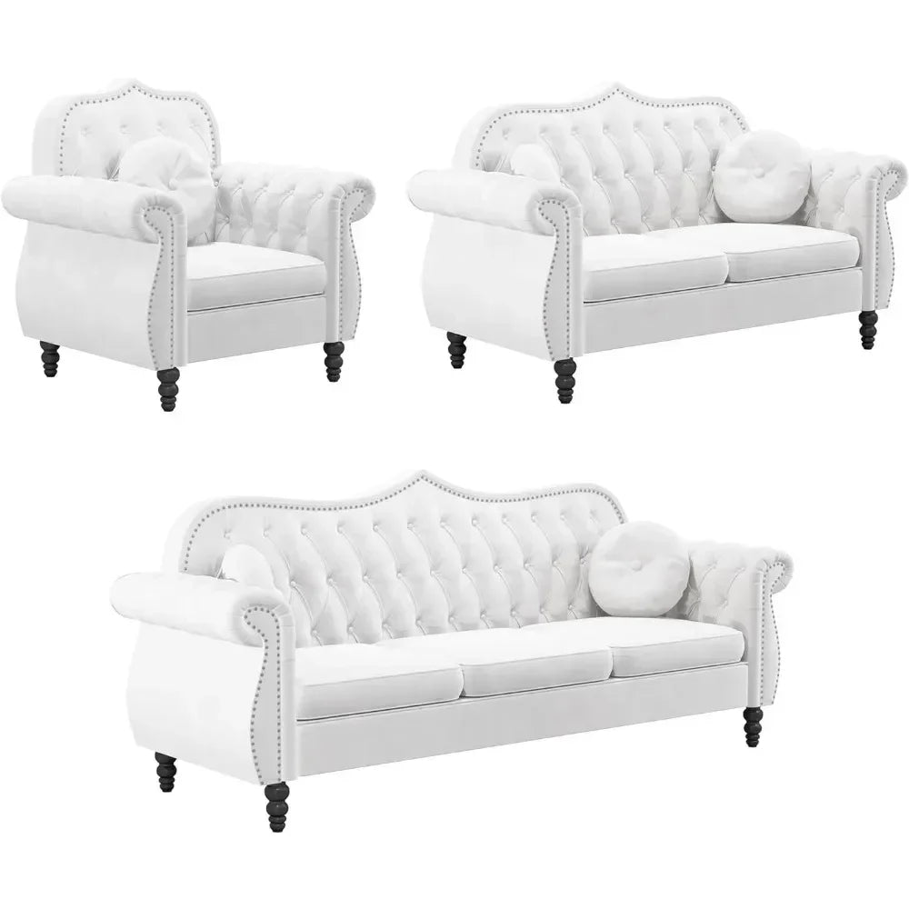 Mid-Century Modern Upholstered Velvet Nailhead Trim, 3 piece sectional sofa