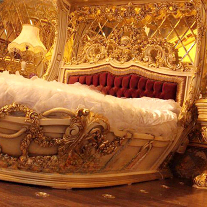 Princess Villa European Style Wood Carved Double Bed, Boat Style, French Fabric
