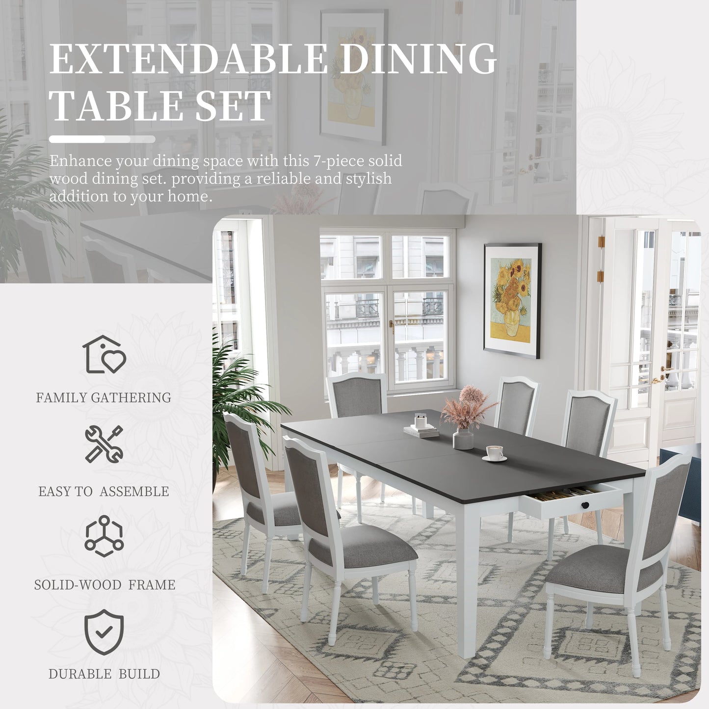 TOPMAX Rustic 7-Piece  Extendable Table Set with  Removable Leaf, 6 Upholstered  Chairs