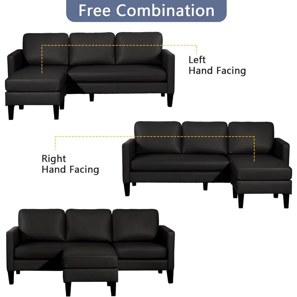 Convertible Sectional Sofa Faux Leather  with Reversible Chaise, 3 seater