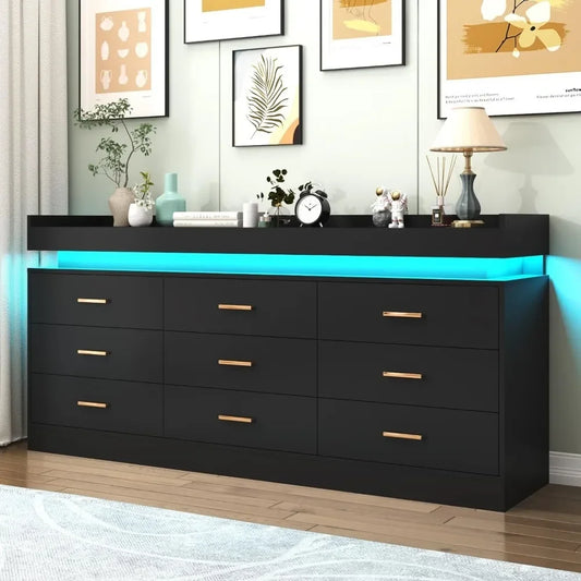 Modern Dresser 9 Drawer with LED Light, Organizer Cabinet, Chest of Wood Drawers