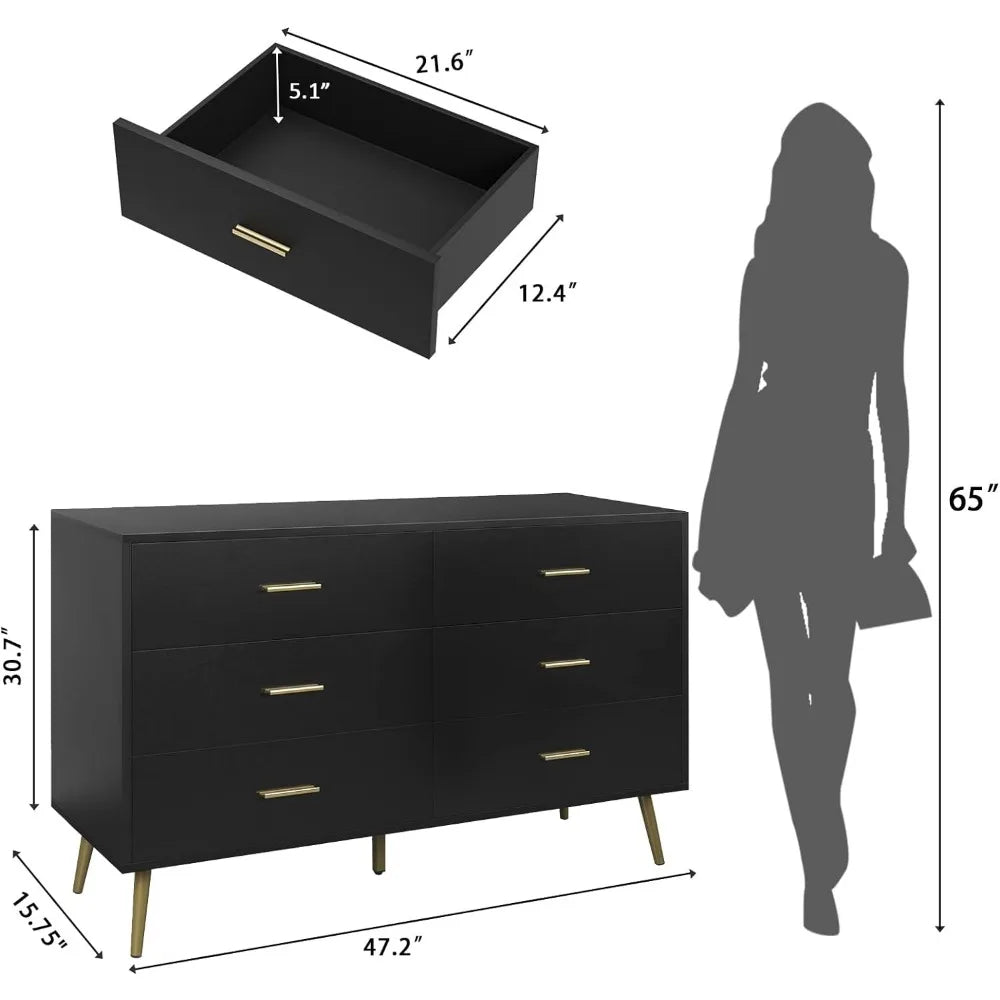 Modern Wood Dresser, 6 drawers, wide, metal handles, storage