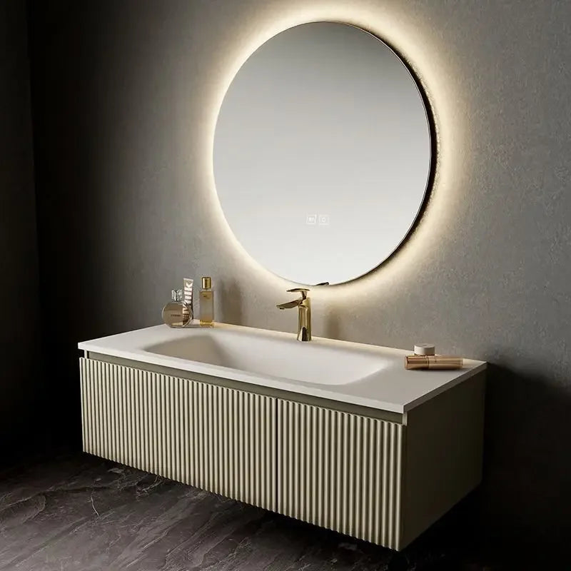 Light Luxury Oak  Cabinet LED Smart Mirror Slate Integrated  Vanity Sink