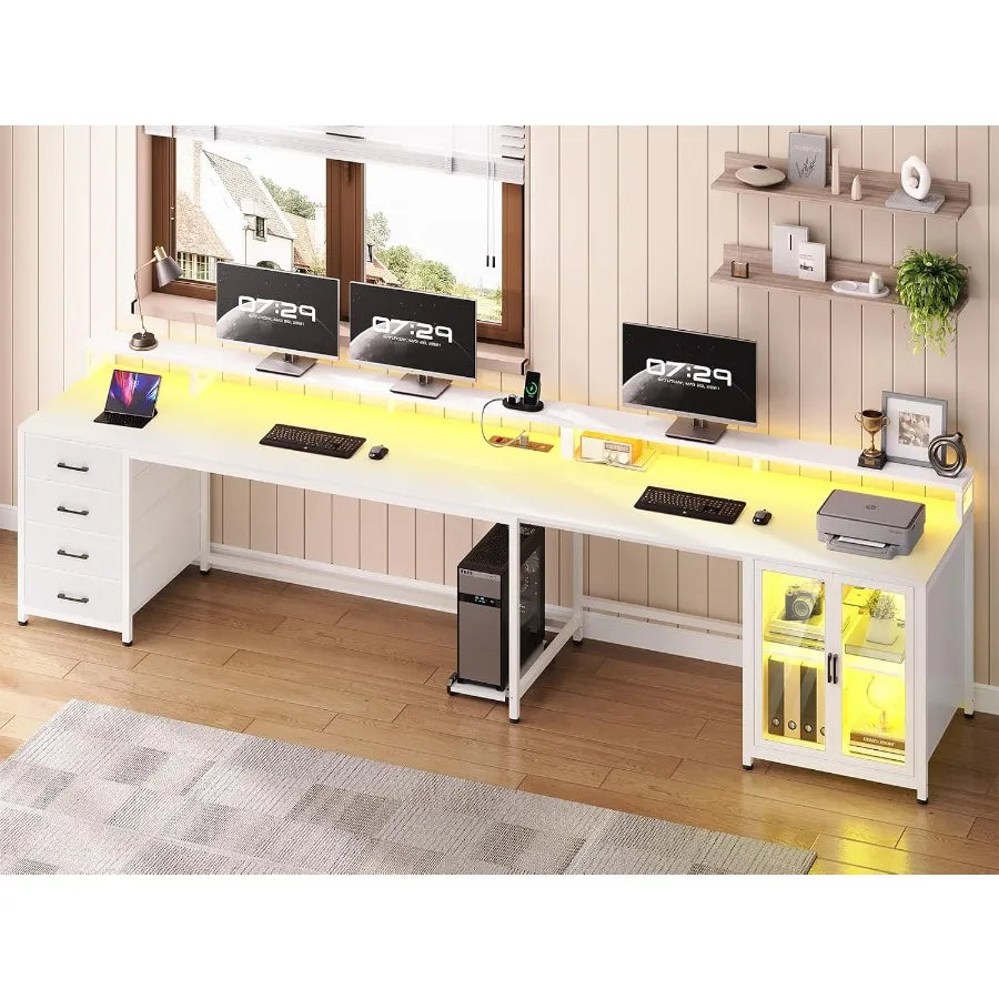 L Shaped Gaming Desk with 4 Drawers . Computer Desk with Display Cabinet Office Desks with 2 Monitor Stands CPU Stand LE