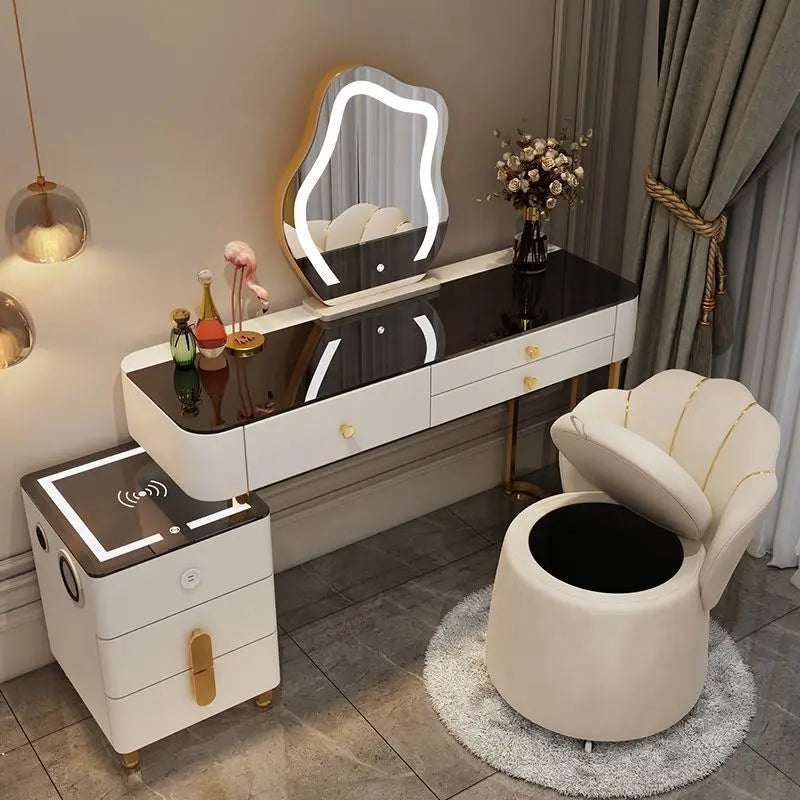 Nordic Vanity Glass Luxury table with charging wireless, nightstand with cloud mirror