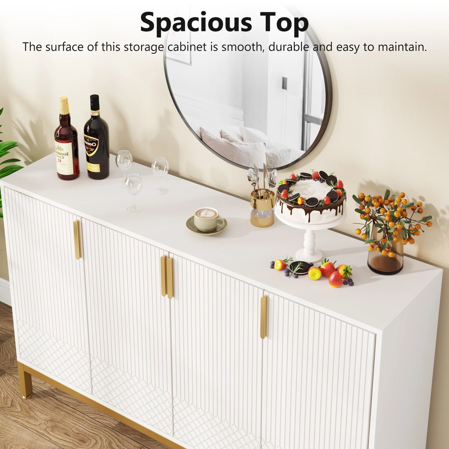 Tribesigns Modern Storage Console Cabinet Sideboard Buffet Cabinet with 4 Doors & Gold Metal Base