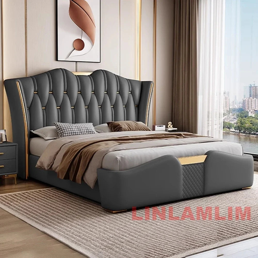 MINGDIBAO Luxury Modern Upholstered Bed Frame with Gold Accents, Genuine Leather Designer  Queen/King Size Bed