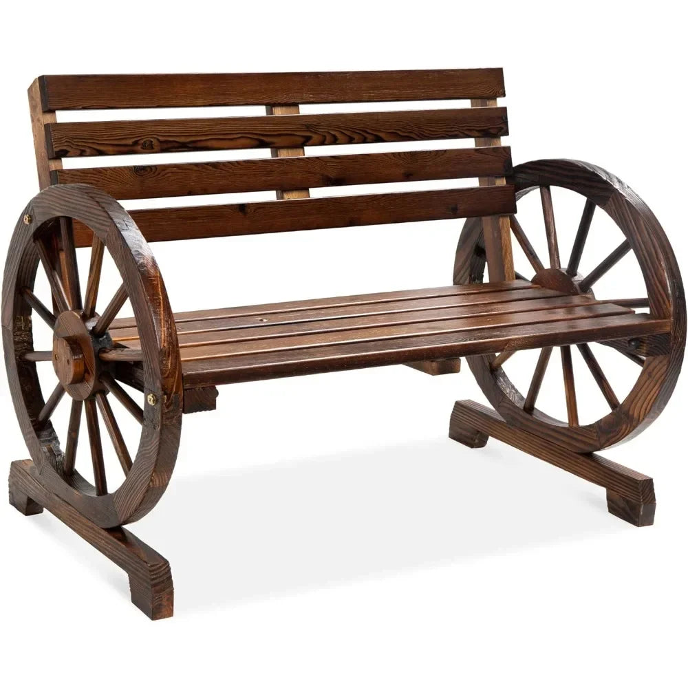 Wooden Wagon Wheel Bench  Furniture W/Rustic Country Design, Brown Patio Benches