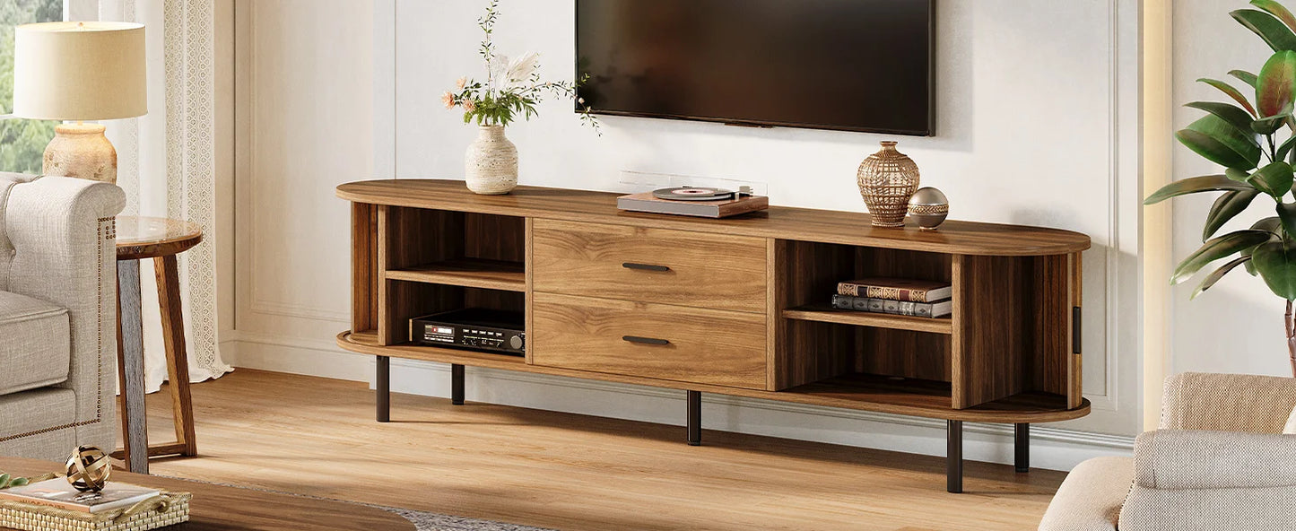 Tribesigns   Mid-Century Modern TV Stand with Sliding Tambour Door, Drawers and Adjustable Shelves, Long Fluted