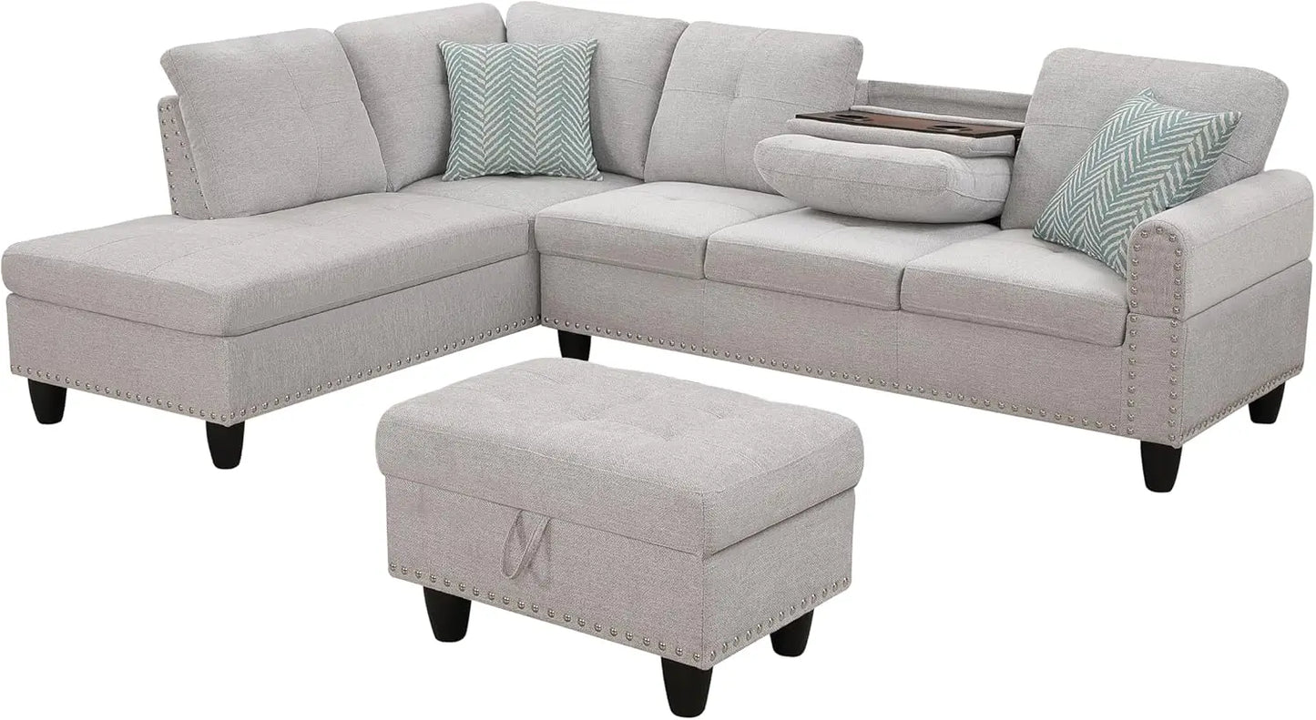 Grey  Modern L-Shaped sectional  Sofa W2 Pillows, upholstered ottoman, extra wide corner