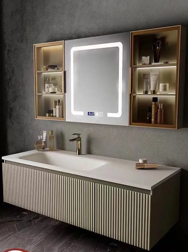 Light Luxury Oak  Cabinet LED Smart Mirror Slate Integrated  Vanity Sink