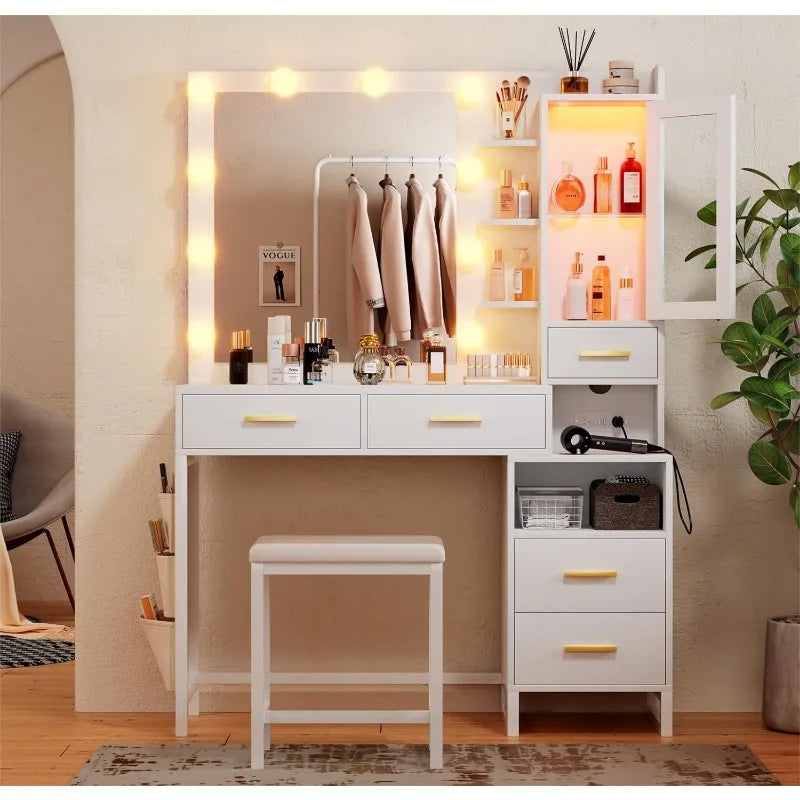 White Vanity Desk with Mirror and Lights, ,Charging Station, LED Cabinet, 5 Drawers & Storage Bag