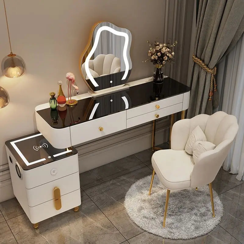 Nordic Vanity Glass Luxury table with charging wireless, nightstand with cloud mirror