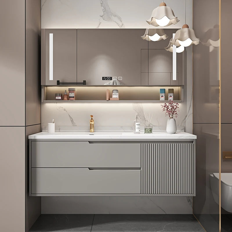 Lacquered Slate Vanity With Sink  Combination Oak Cabinet and Mirror Seamless Integrated Basin Sink