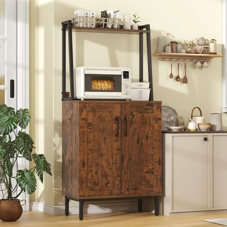 Pantry Storage Cabinet with, Storage Shelves, Modern  Hutch with Microwave Stand, Adjustable Shelf