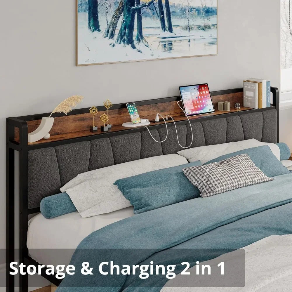 California king size bed frame, storage headboard with charging station,