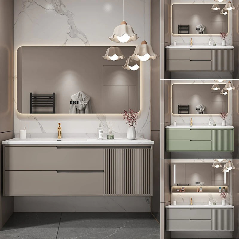 Lacquered Slate Vanity With Sink  Combination Oak Cabinet and Mirror Seamless Integrated Basin Sink