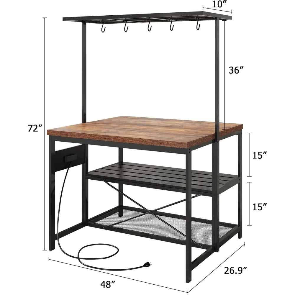 kitchen island table with Storage, Bakers Rack, Power Outlet, 3Tier Microwave Stand