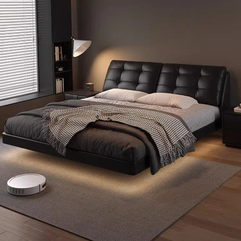 Nordic White Modern  Bed Simple Wooden King Size Leather Bed