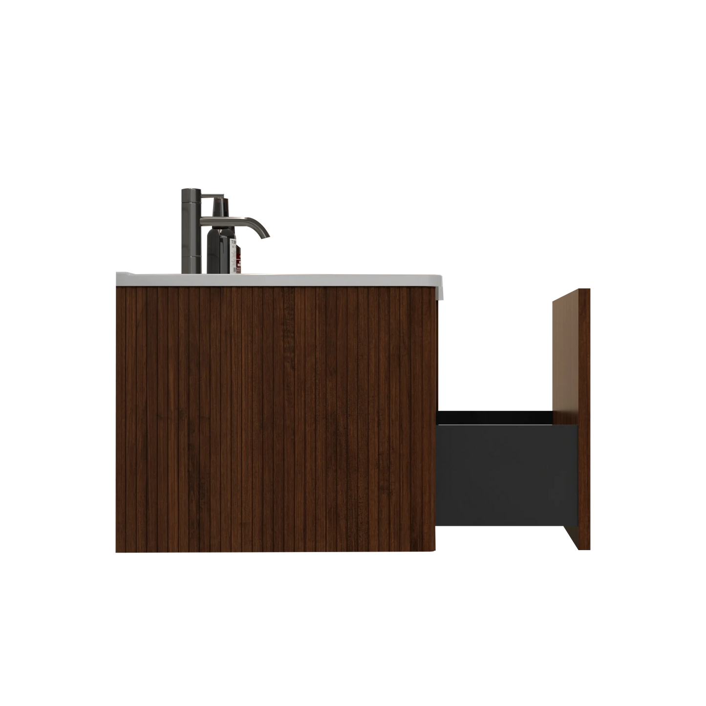 Striped Walnut Wall mounted floating vanity with white ceramic sink