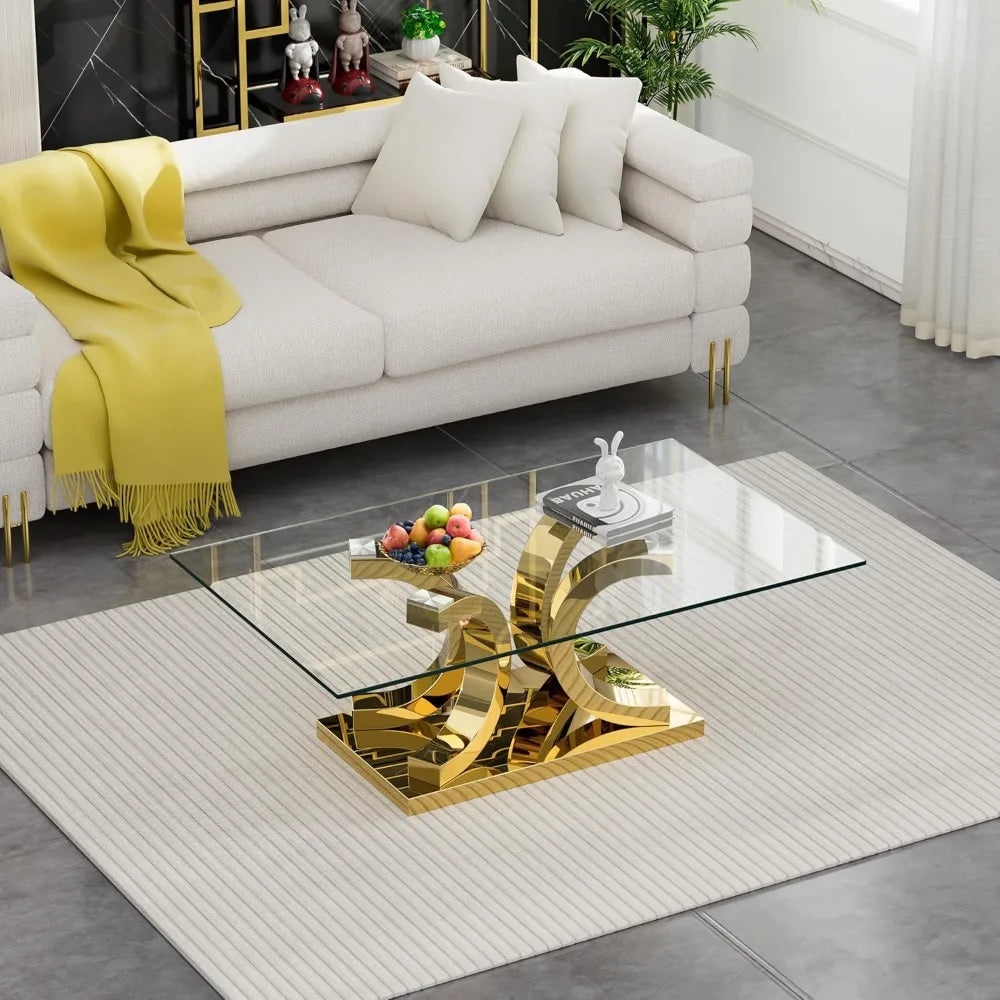 Glass Coffee Table with Gold 4C Stainless Steel Metal Leg, 47" Rectangular Clear Tempered Glass Center