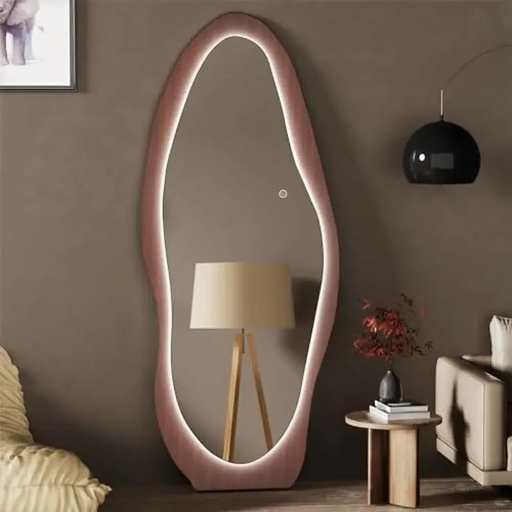 Full Length Wood Mirror with LED  Lights Wall Mounted Hanging Wavy Design Shatterproof HD Easy glass