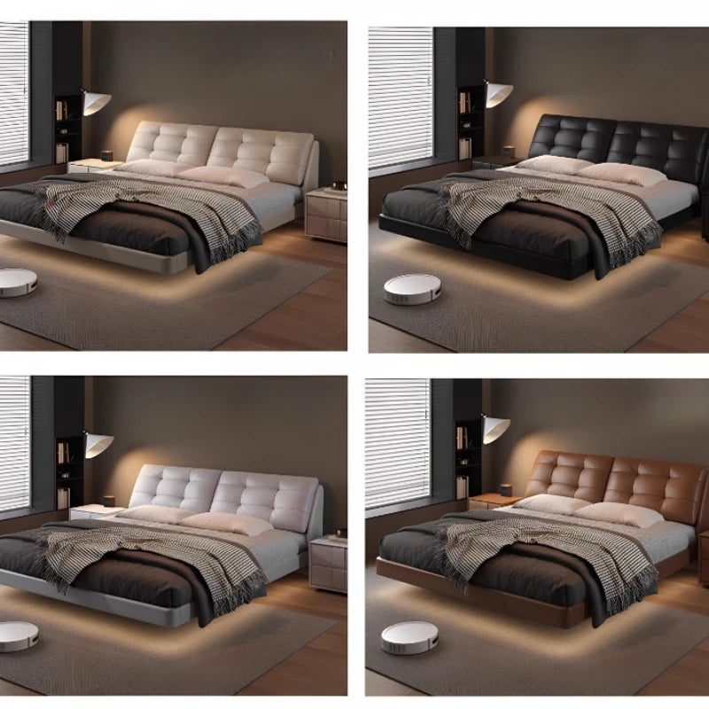 Nordic White Modern  Bed Simple Wooden King Size Leather Bed