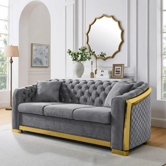 Velvet Luxury Chesterfield Sofa  Tufted 3 Seat with Gold Stainless