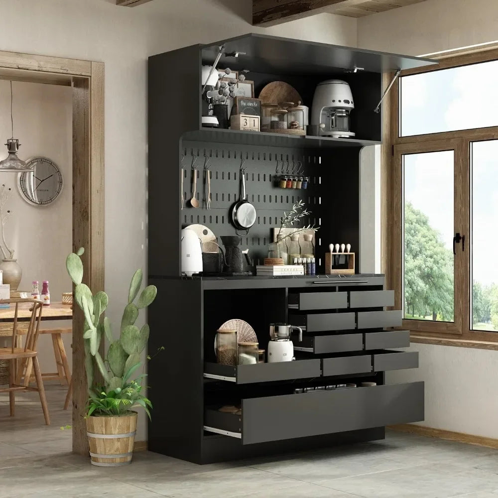 Large  Pantry Storage Cabinet with 9 Drawers , Open Shelf Buffet Cupboard