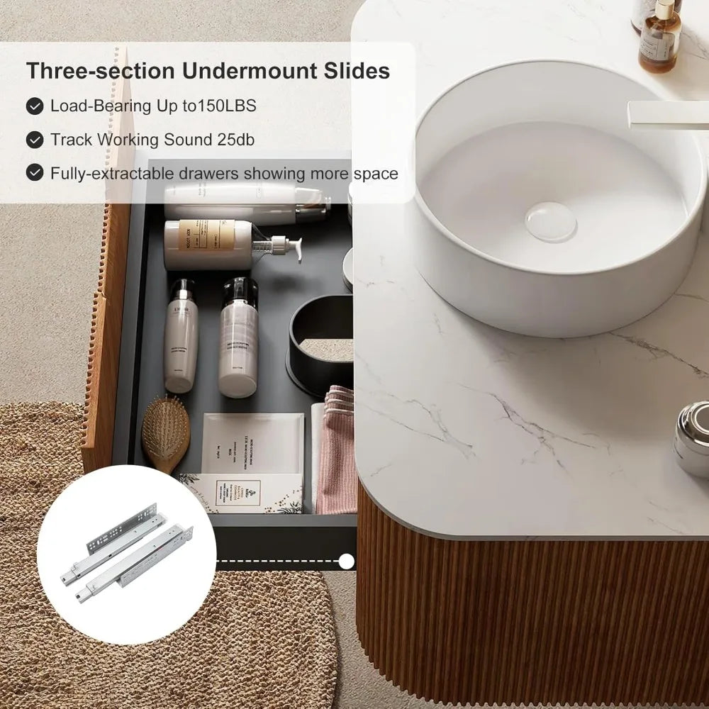 Modern Vanity with Sink, Floating Cabinet with Ultra-Thin Ceramic Basin and Marble Top, Extra Large Storage