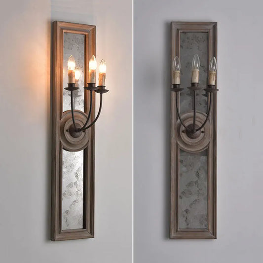 Wooden Retro Mirror Frame,  French, Old Iron Wall Lamp