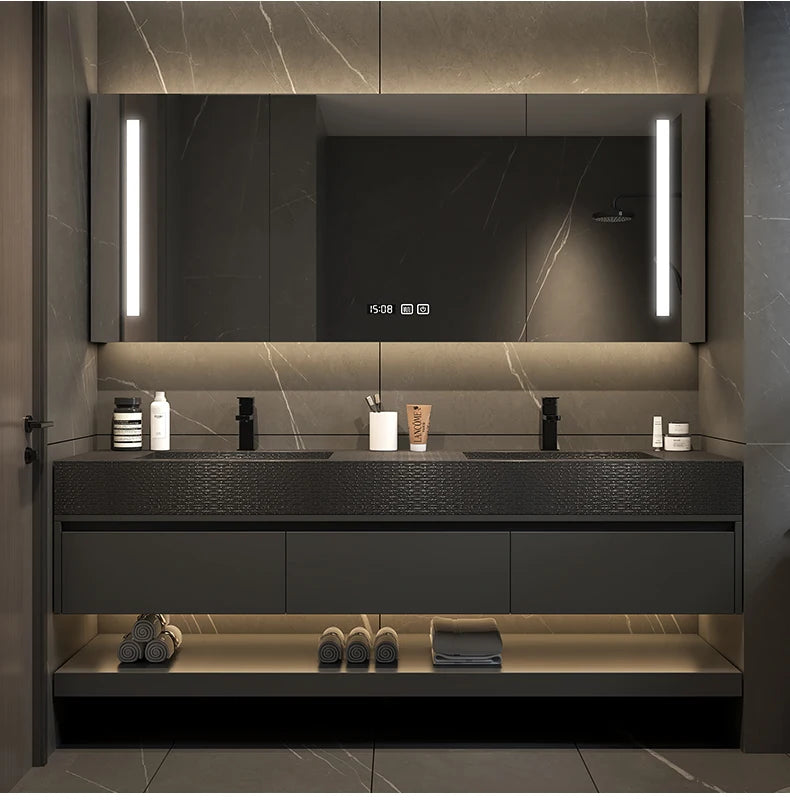 Modern Black  Slate Intergrated Seamless Washbasin with Sink, vanity with drawers