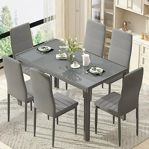 Modern Small Space Set, 7 pc set for 6, Glass table & PU Leather chairs              ,
