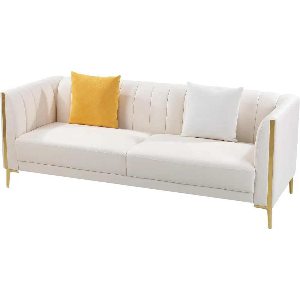 Sofa 3 Seater  2 Throw Pillows and Gold Metal Legs,  (Cream White)Free shipping